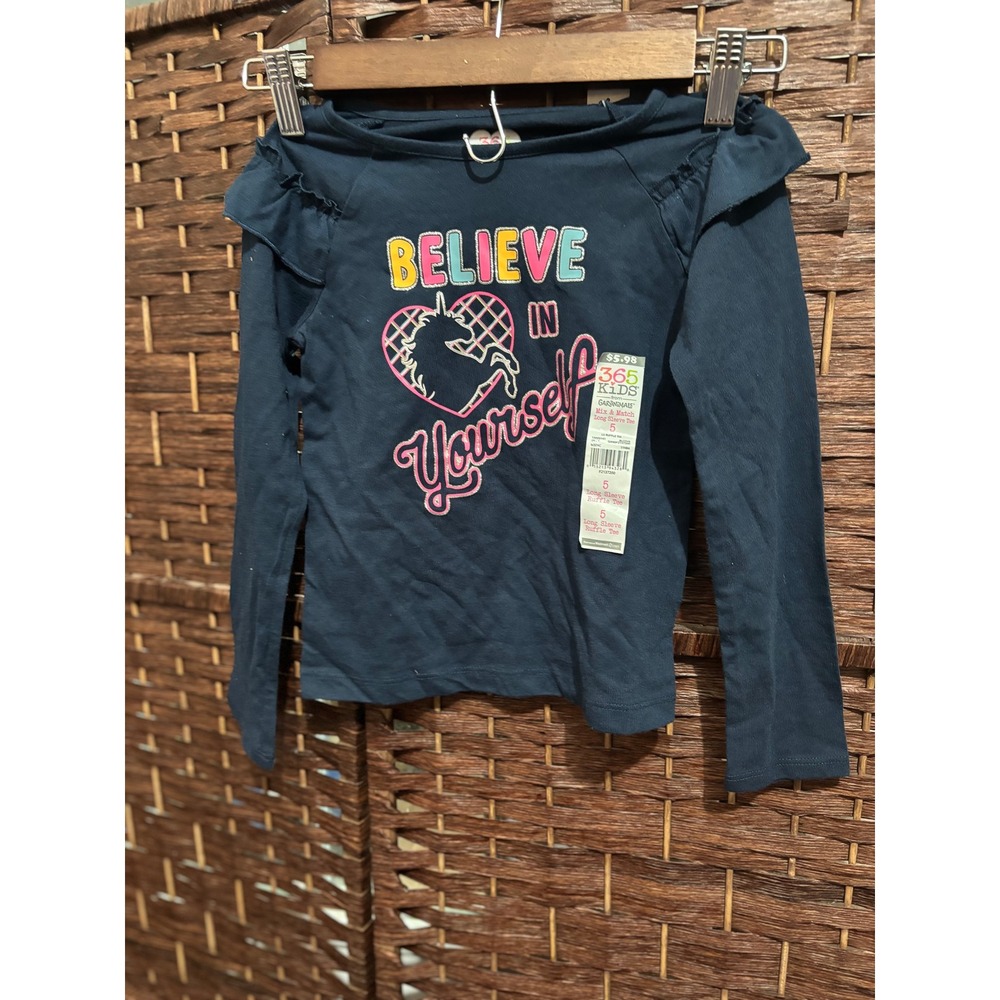 365 Kids Garimals Girls Long Sleeve Ruffle Tee Believe Unicorn Size 5 Twins (2)‎